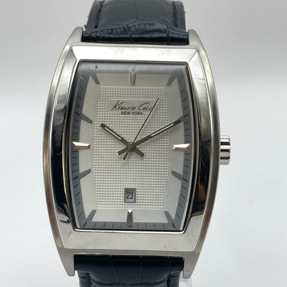 Kenneth Cole Men's Watch Tank Silver Tone Date Textured Dial New Battery 9"